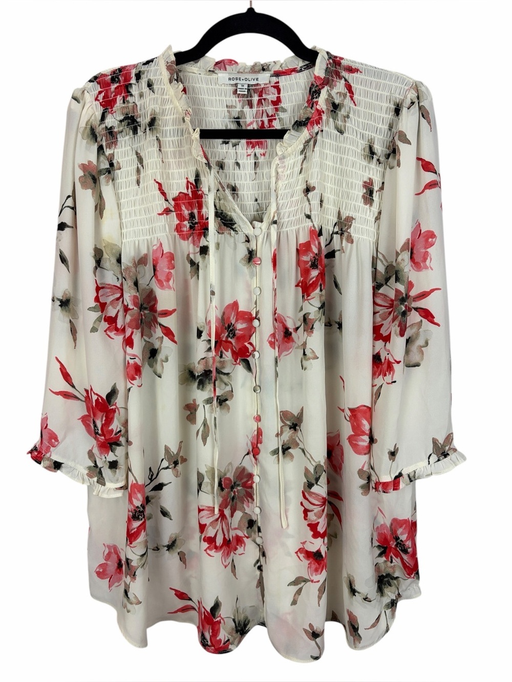 Rose + Olive Floral Peasant Blouse 1X Ivory Pink Smocked Boho Top Plus Size